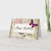 Pink Butterfly and Shabby Vintage Roses Birthday