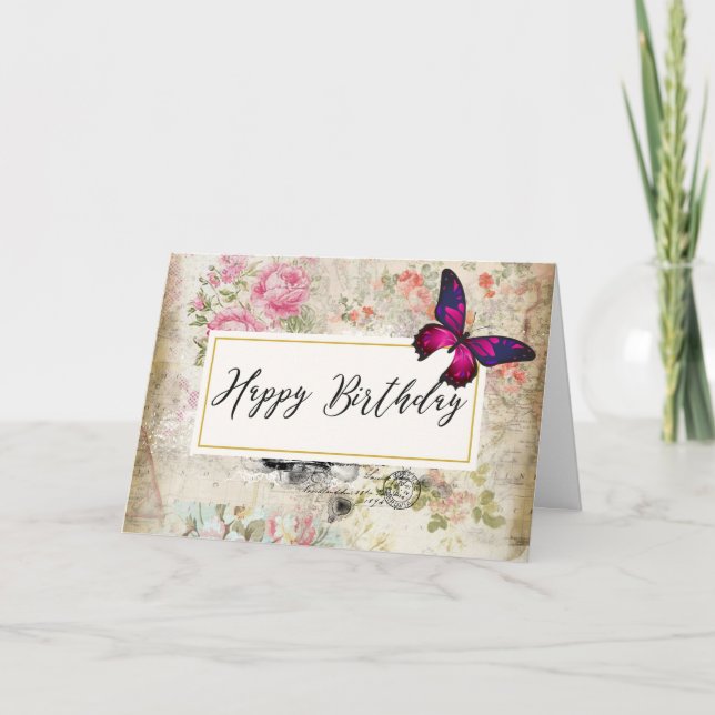 Pink Butterfly and Shabby Vintage Roses Birthday Card (Front)