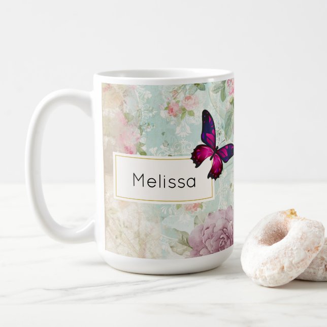 Pink Butterfly and Shabby Vintage Roses Coffee Mug (With Donut)