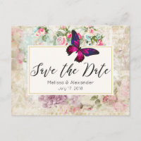 Pink Butterfly and Vintage Roses Save The Date