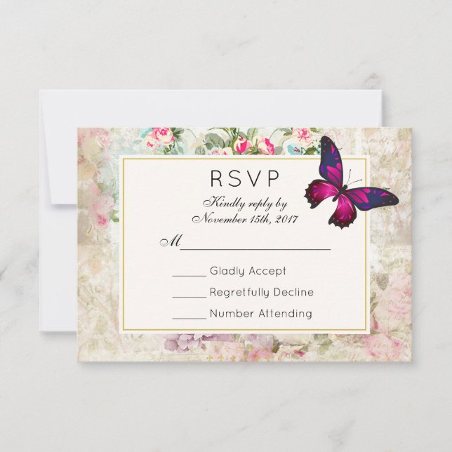 Pink Butterfly and Vintage Roses Wedding RSVP (Front)