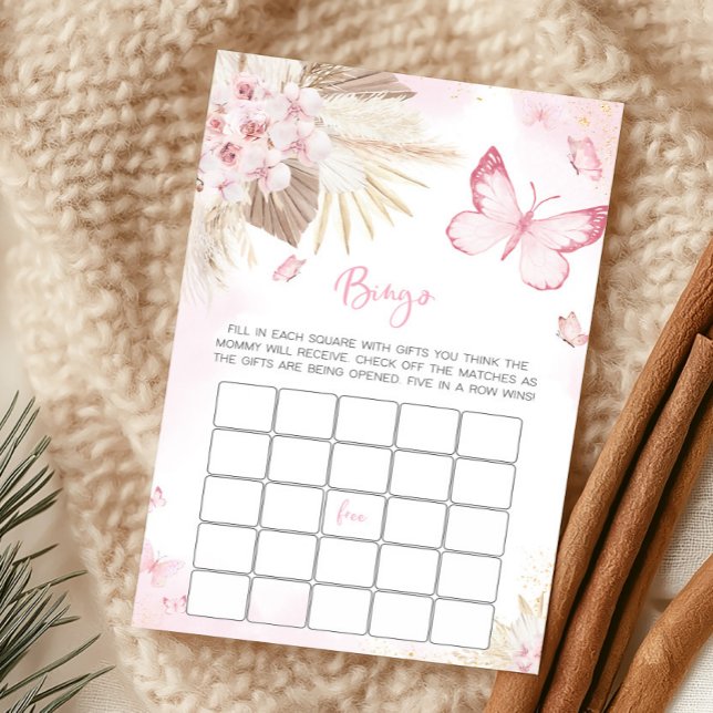Pink Butterfly Baby Shower Bingo Game (Girl Butterfly Pampas Grass Baby Shower Bingo Game)