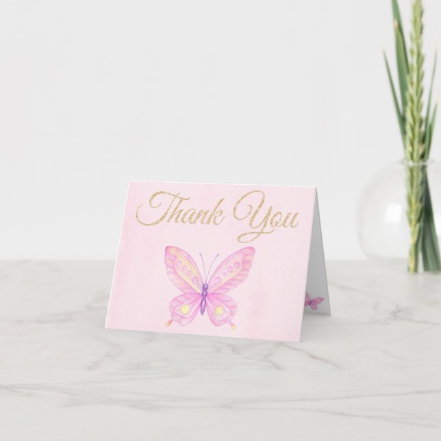 Pink Butterfly Baby Shower Birthday Thank You Card (Front)