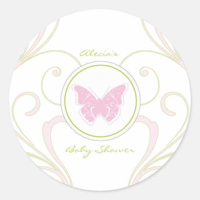 Pink Butterfly Baby Shower Favour Sticker (Front)