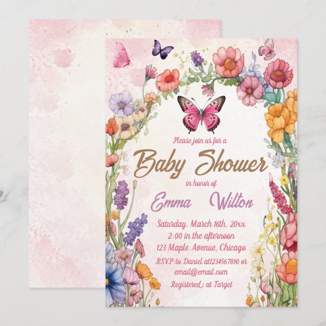 Pink Butterfly Baby Shower Floral Garden Invitation (Front/Back)