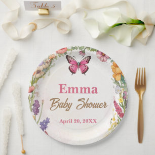 Pink Butterfly Baby Shower Floral Garden Paper Plate
