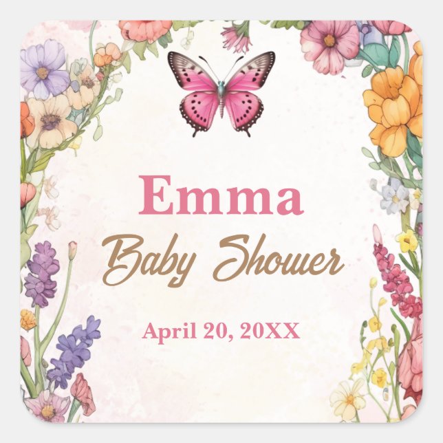 Pink Butterfly Baby Shower Floral Garden Square Sticker (Front)