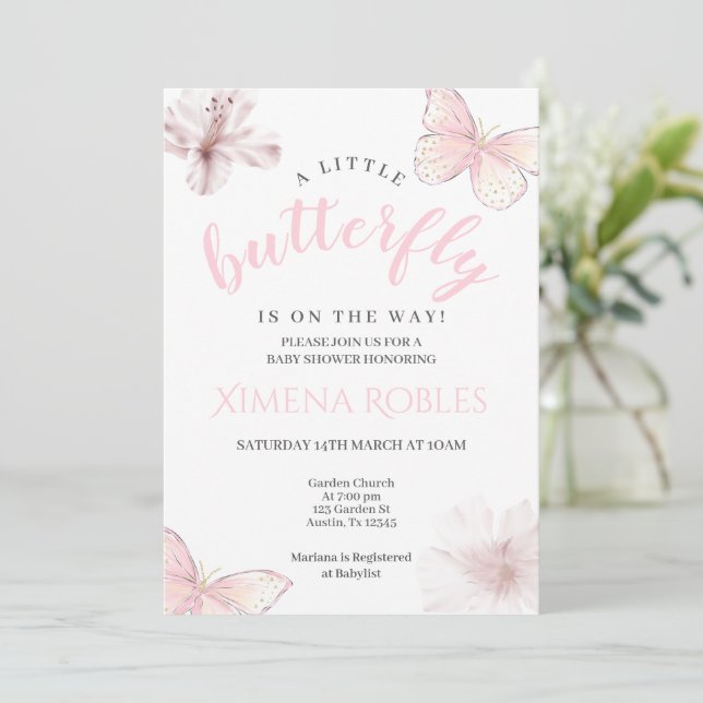 Pink Butterfly Baby Shower Girl Invitation (Standing Front)