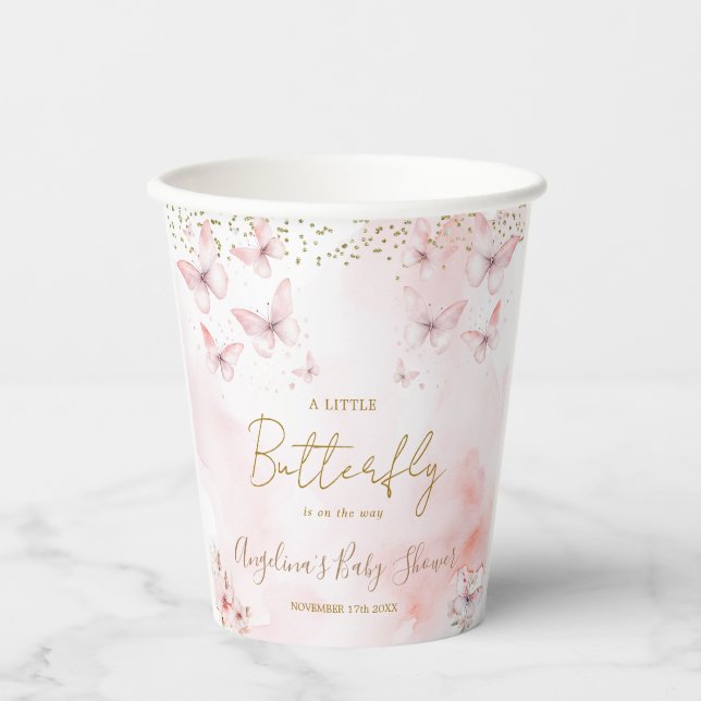 Pink Butterfly Baby Shower Girl Paper Cups (Front)