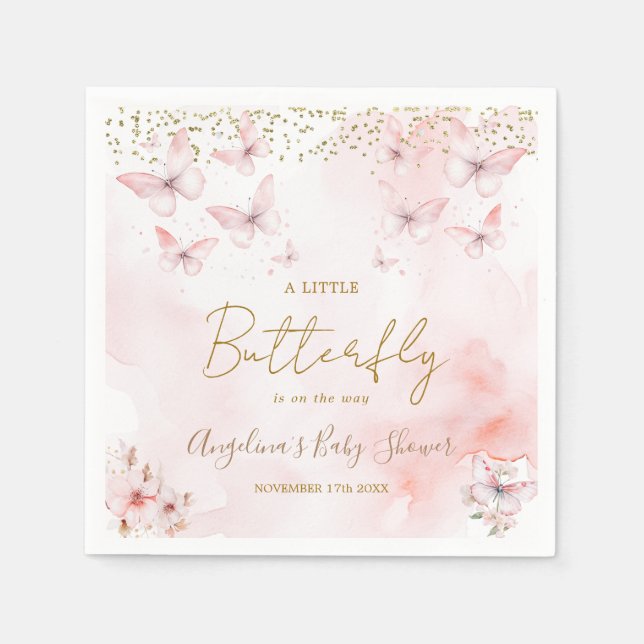Pink Butterfly Baby Shower Girl Paper Napkin (Front)