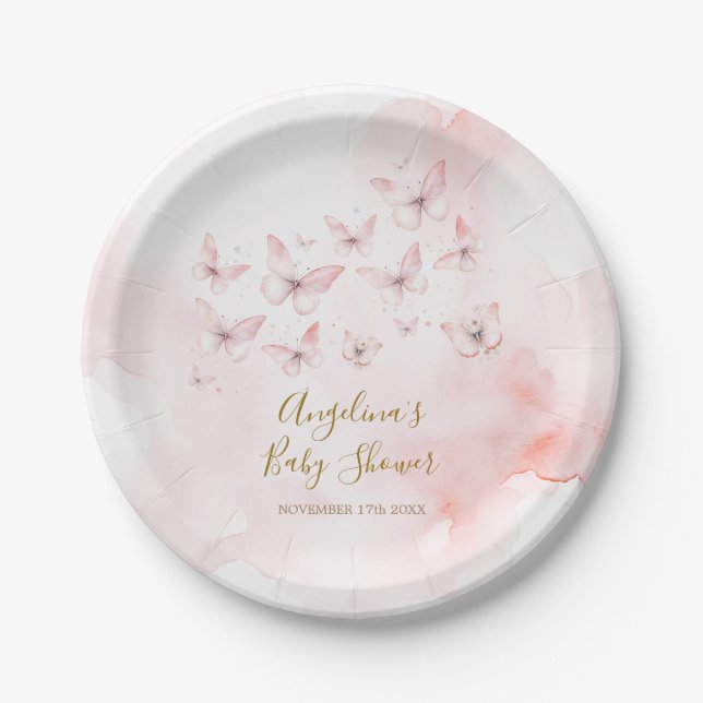 Pink Butterfly Baby Shower Girl Paper Plate (Front)