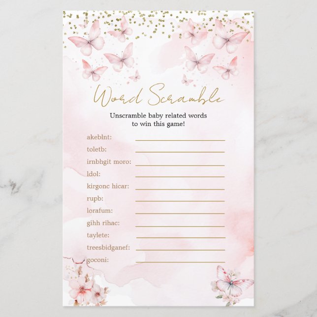 Pink Butterfly Baby Shower Girl Word Scramble Game (Front)