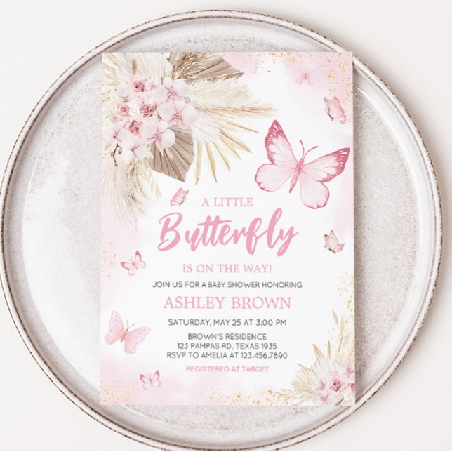 Pink Butterfly Baby Shower Invitation (Girl Butterfly Pampas Grass Baby Shower Invitation)
