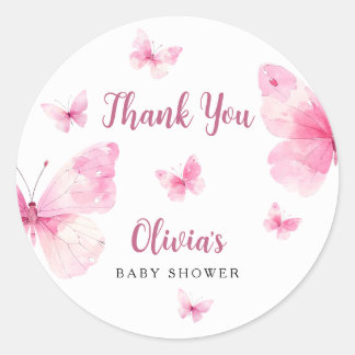 Pink Butterfly Baby Shower Thank You Classic Round Sticker