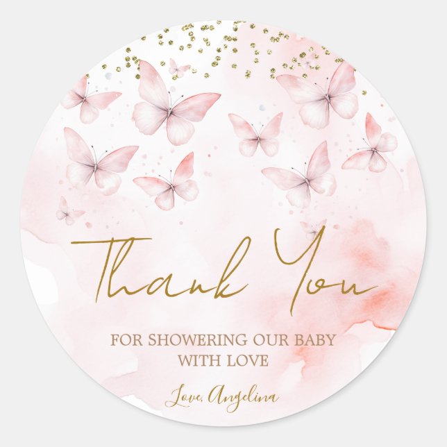 Pink Butterfly Baby Shower Thank You Classic Round Sticker (Front)