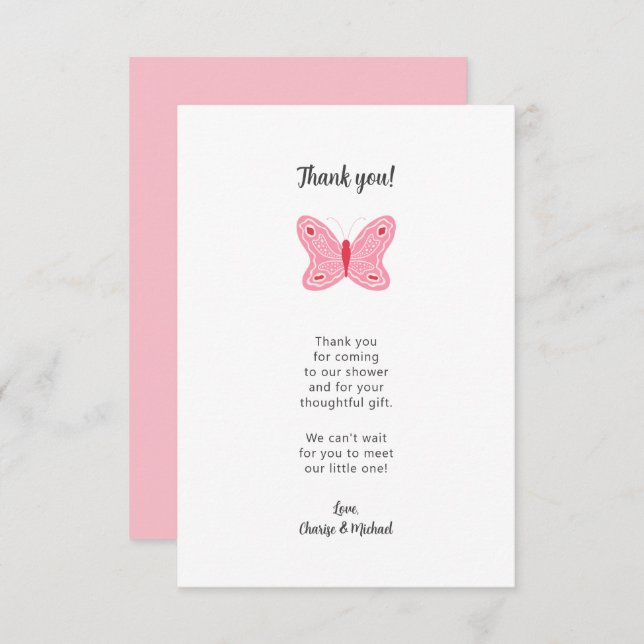 Pink Butterfly baby shower thank you note (Front/Back)
