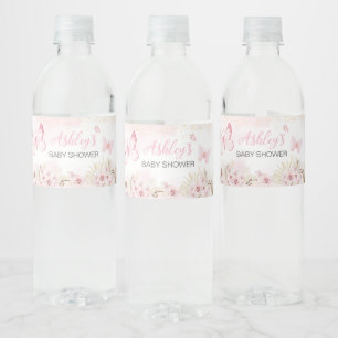 Pink Butterfly Baby Shower Water Bottle Label