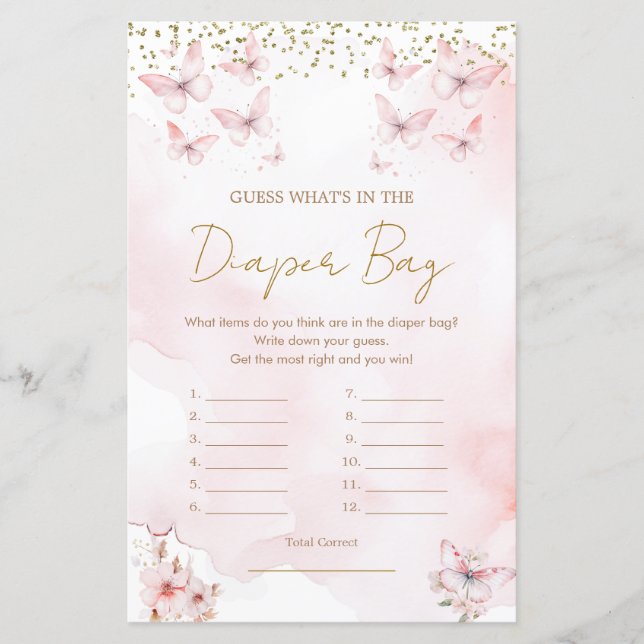 Pink Butterfly Baby Shower What's in Diaper Bag (Front)