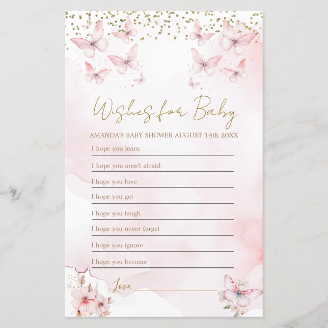 Pink Butterfly Baby Shower Wishes for Baby Game (Front)