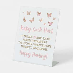 Pink Butterfly Baby Sock Hunt Baby Shower Game Pedestal Sign