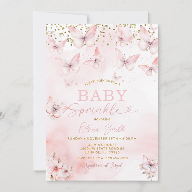 Pink Butterfly Baby Sprinkle Girl Invitation  (Front)