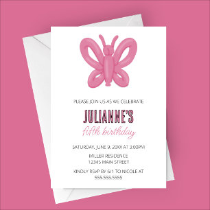Pink Butterfly Balloon Animal Birthday Invitation
