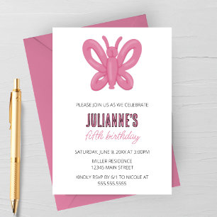 Pink Butterfly Balloon Animal Birthday Invitation