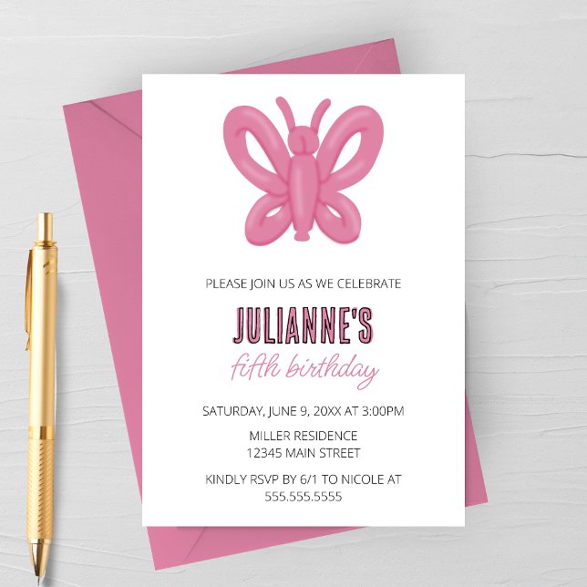Pink Butterfly Balloon Animal Birthday Invitation (Creator Uploaded)