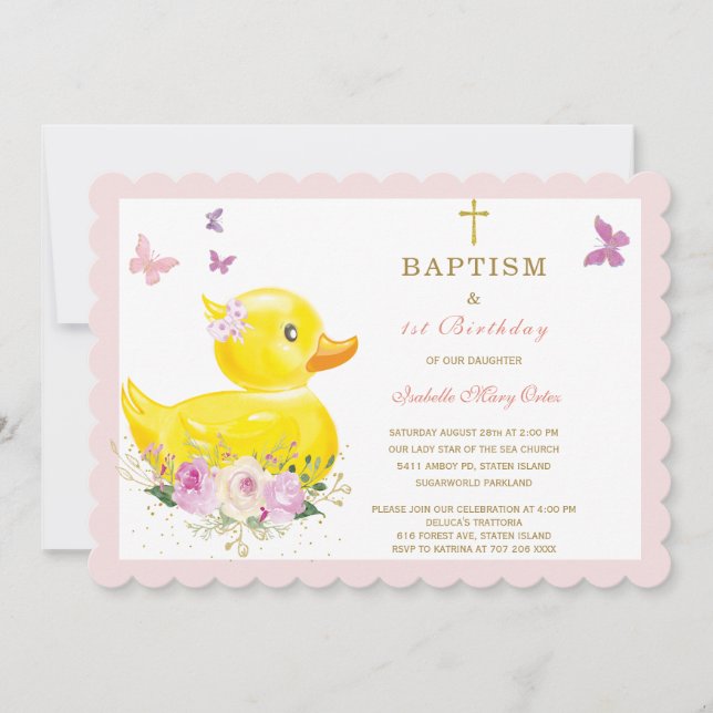Pink Butterfly  Baptism First Birthday Invitation (Front)