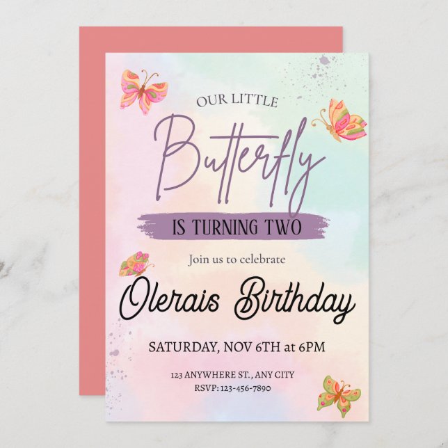 pink butterfly birthday  invitation (Front/Back)