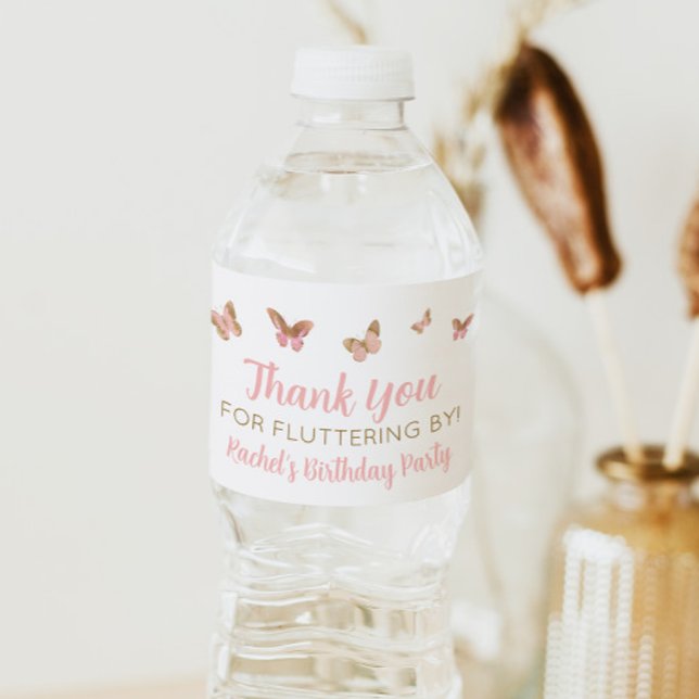 Pink Butterfly Birthday Party Favour Water Bottle  Water Bottle Label (Creator Uploaded)