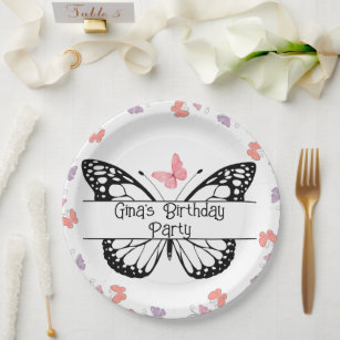Pink butterfly birthday party paper plates
