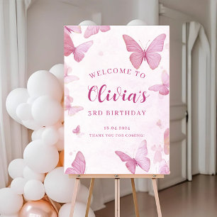 Pink Butterfly Birthday Party Welcome Poster