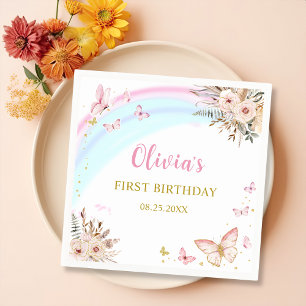 Pink Butterfly Boho Floral Birthday Party Napkin