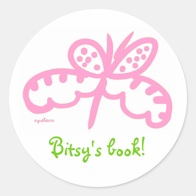 pink butterfly bookplate classic round sticker (Front)
