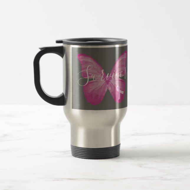 Pink Butterfly Breast Cancer Survivor Travel Mug (Left)