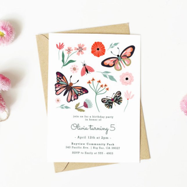Pink Butterfly Bugs Flower Birthday Invitation (Creator Uploaded)