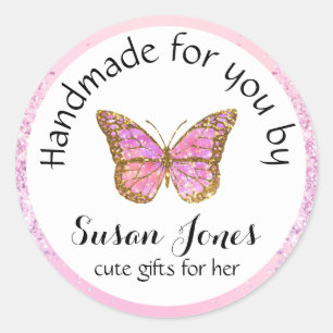 pink butterfly business logo classic round sticker