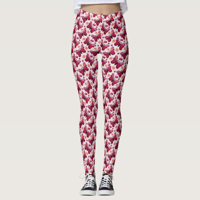 Pink Butterfly Cherry Seamless Pattern Leggings (Front)