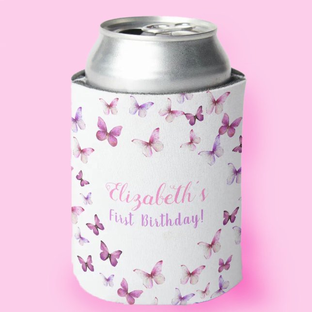 Pink Butterfly First Birthday Baby Girl  Can Cooler (Creator Uploaded)