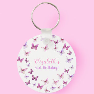 Pink Butterfly First Birthday Girl Party Favor Key Ring