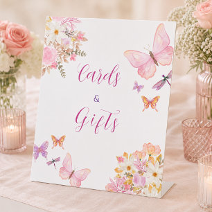 Pink butterfly Floral Baby Shower cards & gifts  Pedestal Sign
