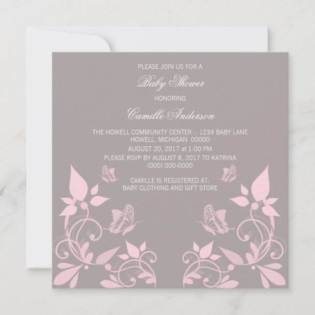 Pink Butterfly Floral Baby Shower Invite (Front)