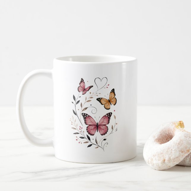 Pink Butterfly Floral Botanical Design Coffee Mug (With Donut)
