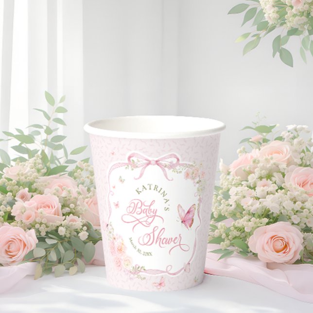 Pink Butterfly Floral Bow Baby Shower Paper Cups (Creator Uploaded)