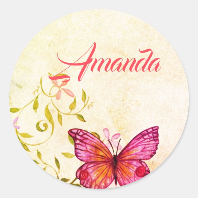 Pink Butterfly & Floral Custom Classic Round Sticker (Front)