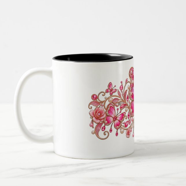 Pink Butterfly Floral Design Two-Tone Coffee Mug (Left)