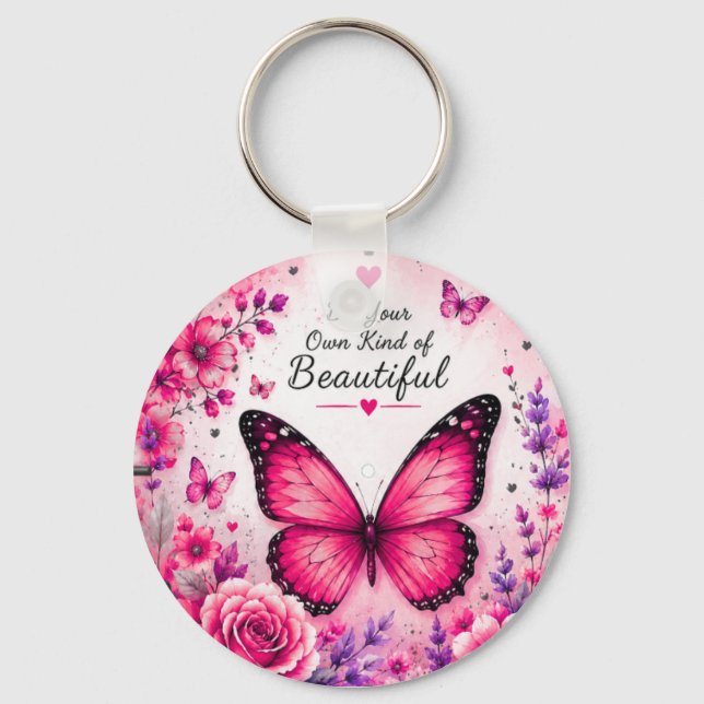 Pink Butterfly Floral Keychain Gift for Her (Front)
