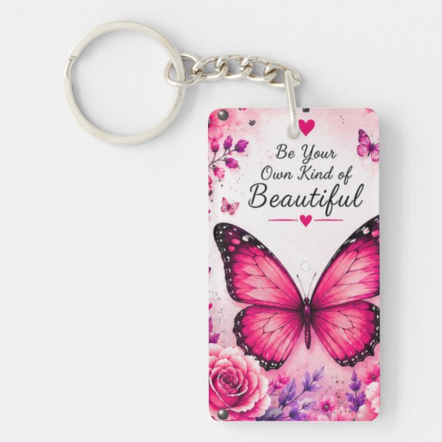 Pink Butterfly Floral Keychain Gift for Her (Front)