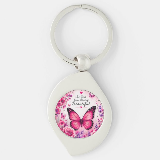 Pink Butterfly Floral Keychain Gift for Her (Front)